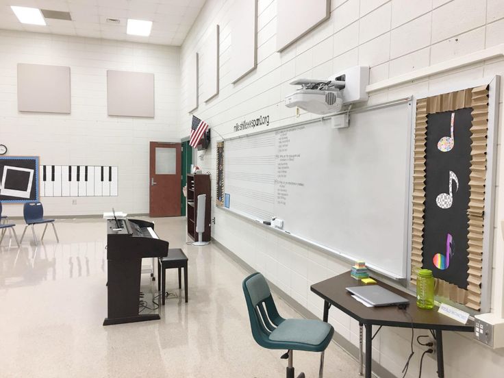 an empty classroom with desks, chairs and a large white board on the wall