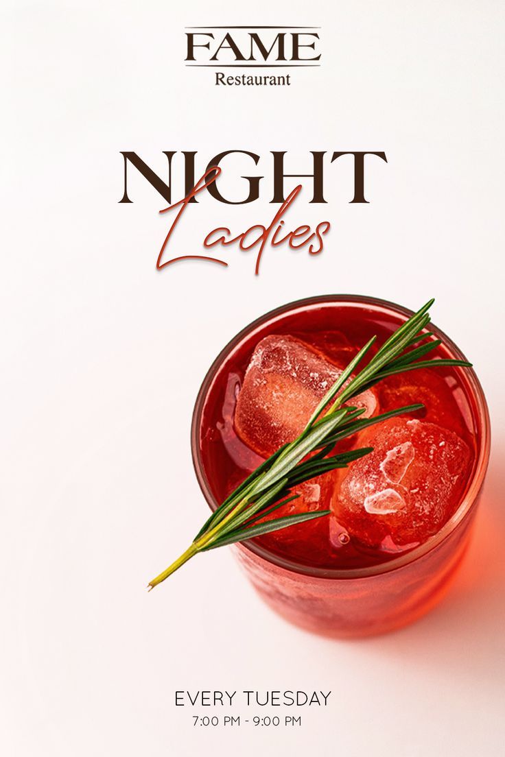 an advertisement for a restaurant featuring a cocktail with ice and garnish on the rim