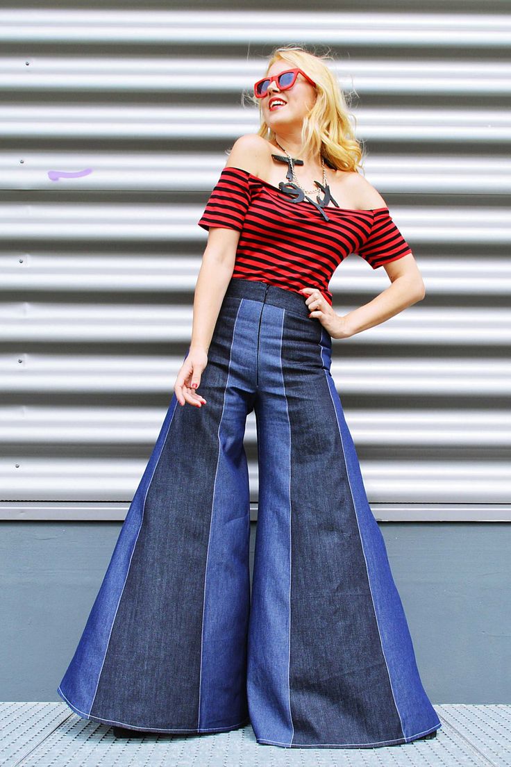 Denim Pants Wide Leg Pants High Waist Pants Bell Bottom Pants | Etsy Extra Wide Leg Pants, Colored Pants Outfits, Palazzo Jeans, Unique Pants, Jeans Patchwork, Denim Ideas, Bohemian Women, Tall Pants, Bottom Jeans