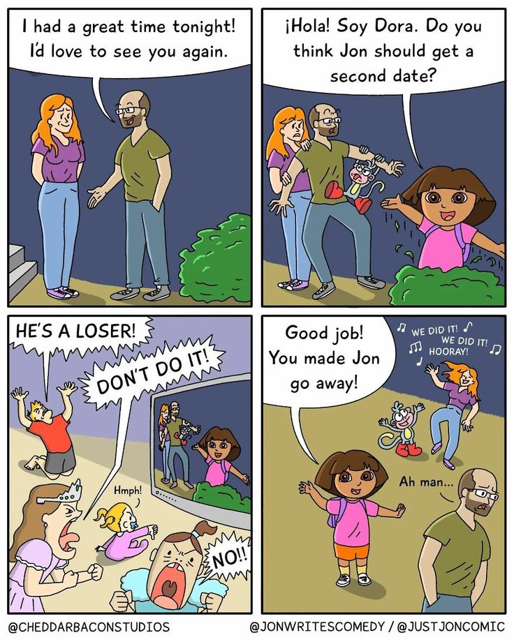 a comic strip with two people talking to each other and one person holding a child