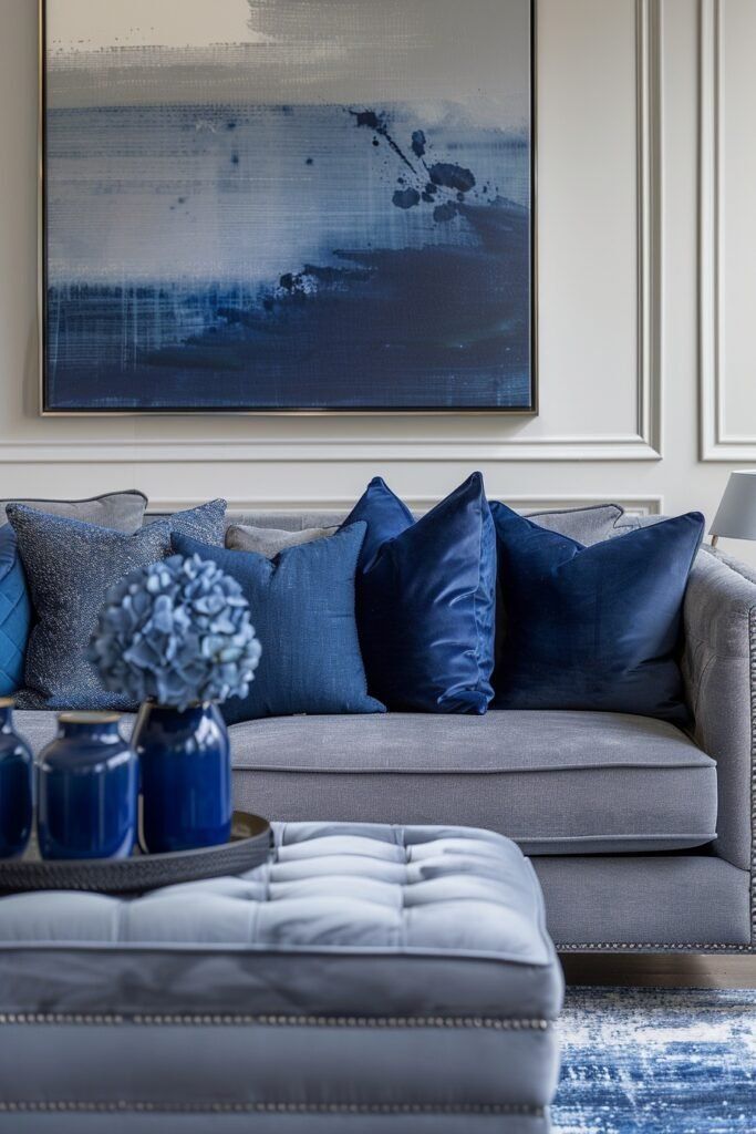 a living room filled with furniture and blue pillows on top of a couch next to a painting