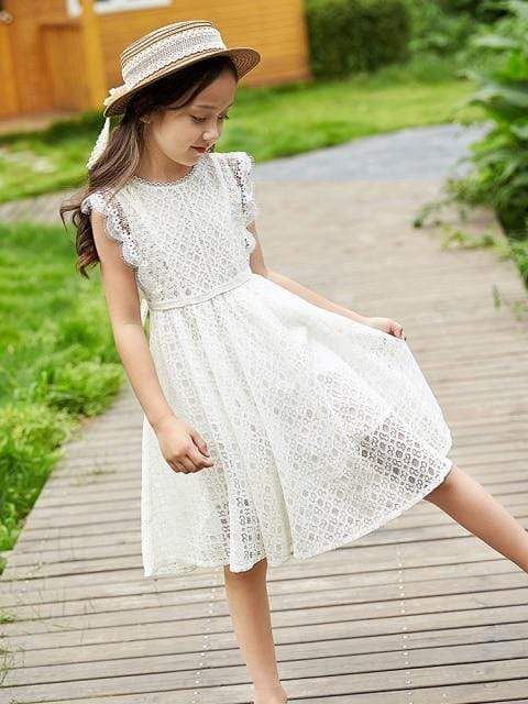 A pretty lace dress for a young little girl. Fresh and airy, this floral lace dress features a twirly fit-and-flare silhouette and V-back gives the sense of feminity and pretty. It has a detailed lace design that makes it look elegant even in its simple style. It is a perfect dress for any casual or special occasion. Influencer@@iamselena16 Influencer@_its_sophie_1 Material: COTTON Collar: Crew Neck Sleeve Style: Petal Sleeve Decoration: Lace Pattern Type: Solid Summer Lace Dress With Lace Bodice For Dress-up, Sleeveless Lace Dress With Patchwork For Dress-up, Summer Lace Dress With Lace Bodice, Summer Formal Lace Dress With Lace Bodice, Sleeveless Lace Dress For Summer Dress-up, Spring Lace Dress With Lace Bodice For Dress-up, Spring Lace Dress For Dress-up Occasions, Sleeveless Lace Dress For Spring Dress-up, Scalloped Lace Dress For Dress-up Events