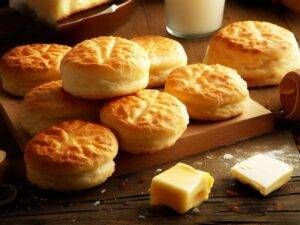 biscuits and butter on a cutting board next to a glass of milk