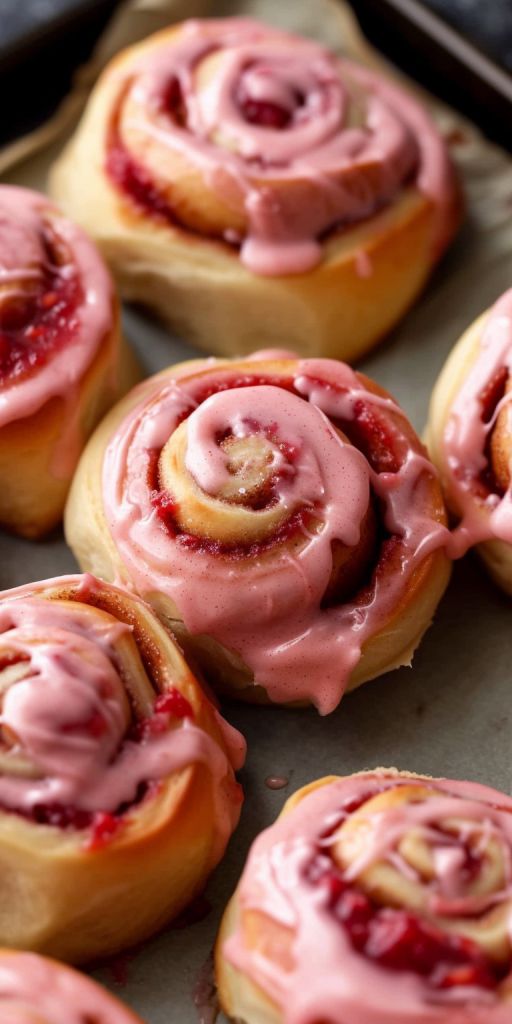 some very tasty looking pastries with pink icing on them sitting on a baking sheet