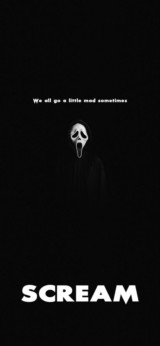 the scream movie poster is shown in black and white with an evil mask on it