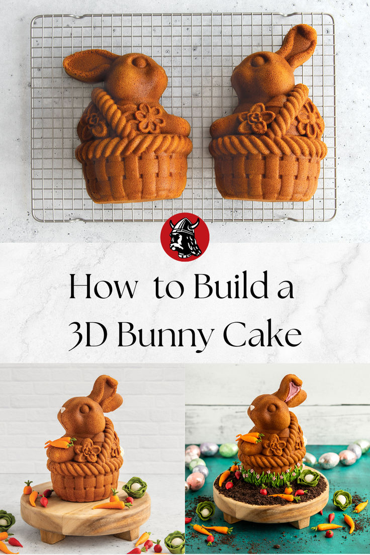 3D bunny vanilla pound cake split in two halves on a wire rack. 3D bunny cake assembled an a cake stand with fondant decorations. Easter Desserts Cake, Vanilla Pound Cake Recipe, Bunny In Basket, Bunny Cake Pan, Vanilla Pound Cake, 3d Bunny, Cake Leveler, 3d Cake, Bunny Cake