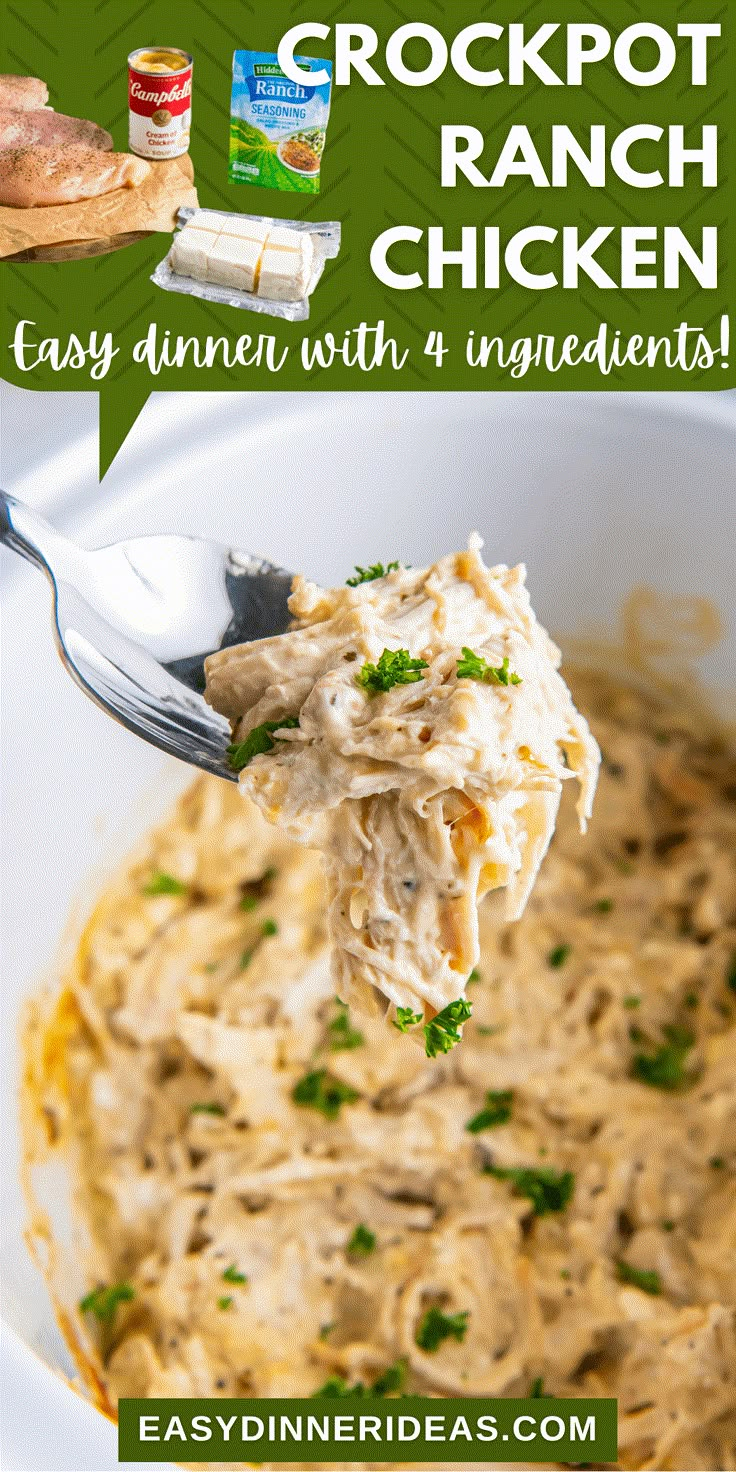 a spoon full of crockpot ranch chicken is being held up over the bowl