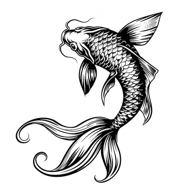 a black and white drawing of a koi fish with its tail curled in the air