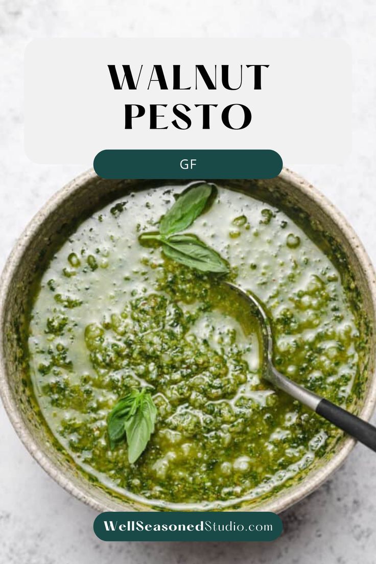 Walnut Pesto in a bowl. Walnut Pesto Recipe, Pesto Uses, Basil Walnut Pesto, Quick Pasta Sauce, David Rocco, Homemade Pesto Sauce, Basil Pesto Recipes, Walnut Pesto, How To Make Pesto