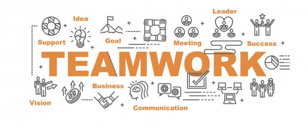 the word teamwork is surrounded by icons and symbols in orange on a white background