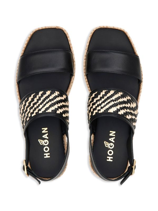 Hogan H660 Woven Leather Sandals - Farfetch Woven Leather Sandals, Woven Raffia, Black And Beige, Leather Weaving, Strap Design, Sandals Black, Black Sandals, Leather Sandals, Calf Leather