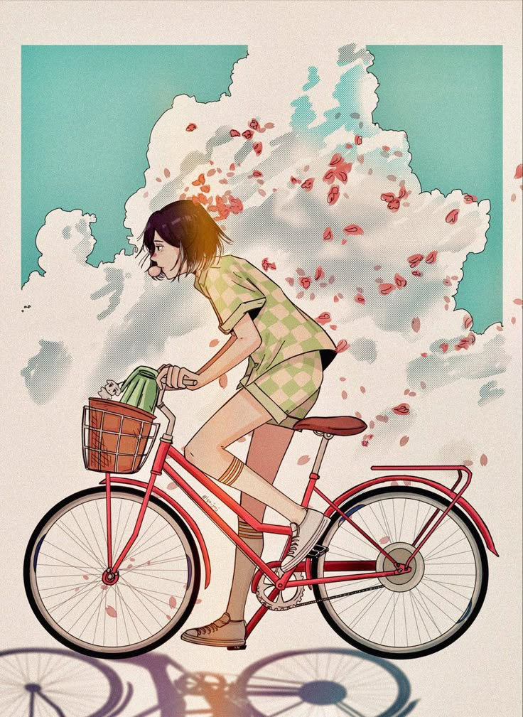 a woman riding on the back of a red bike with a basket in her hand