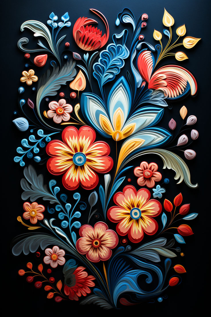 an artistic painting of flowers and leaves on a black background with blue, red, yellow, orange and white colors