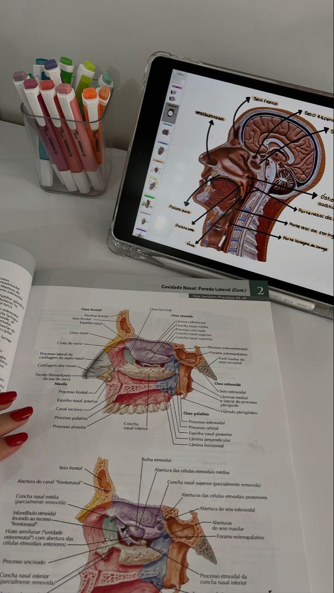 an open book with medical diagrams on top of it next to a tablet and pencils