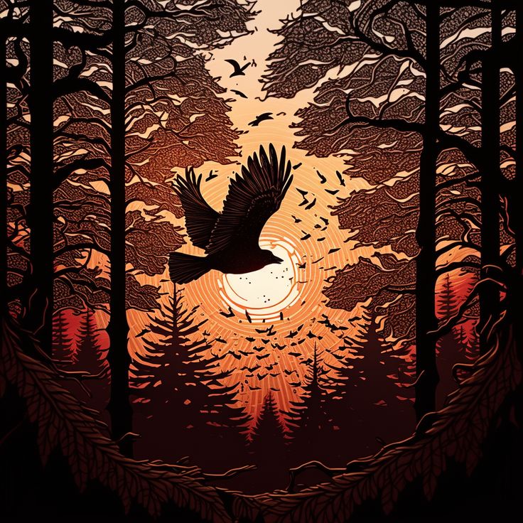 a bird flying over a forest filled with lots of trees under a bright orange sun