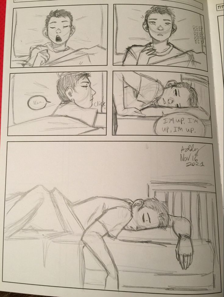 an open book with drawings of people sleeping in bed and talking to each other on the phone