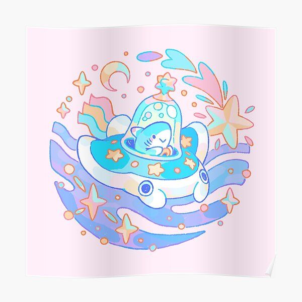 an image of a cartoon car floating in the water with stars and moon around it