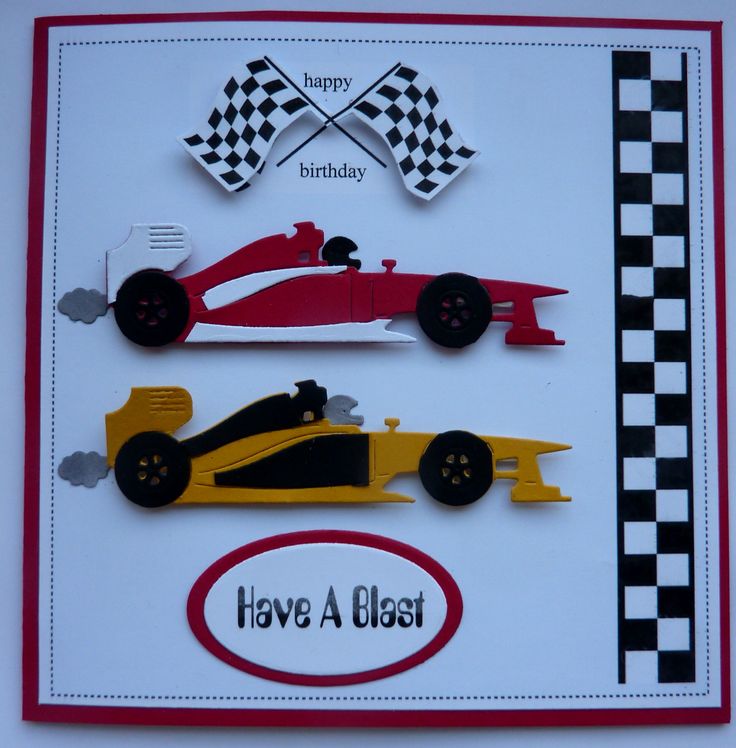 a birthday card with two race cars on the front and one racing car on the back