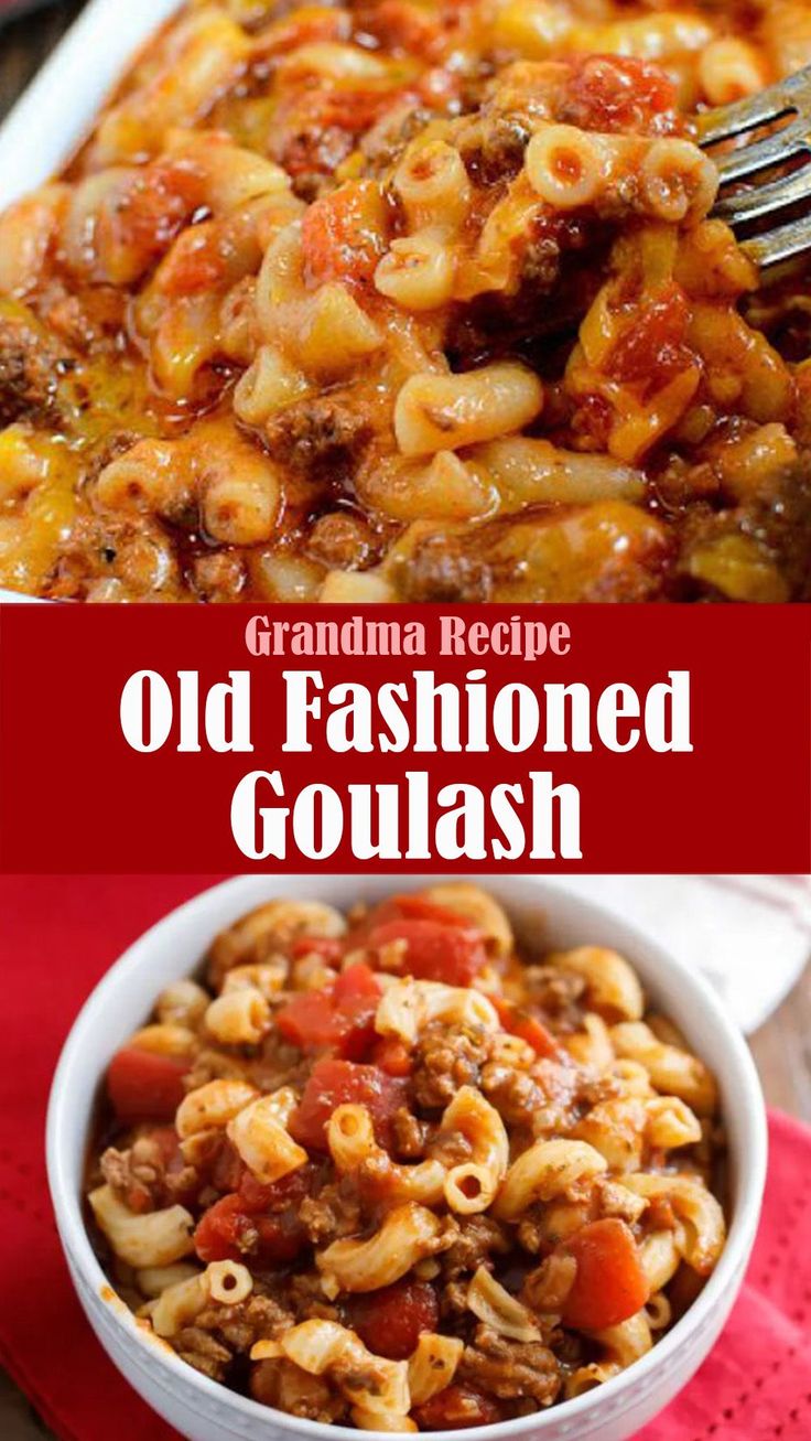 an old fashioned goulash recipe in a white bowl with a fork and red napkin