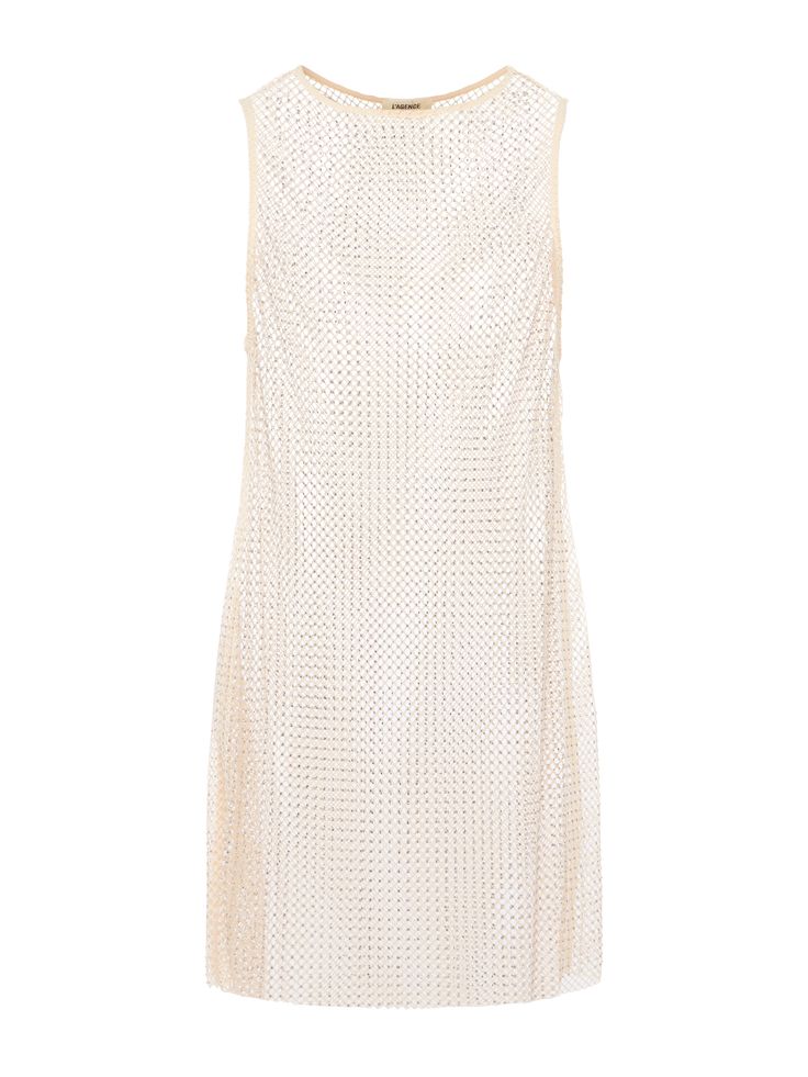 Our gorgeous new swimsuit coverup is in a mesh minidress that drapes effortlessly from shoulder to mid-thigh hem. Perfect for showcasing swimsuits, she's detailed with subtle crystal embellishments that add unexpected glamour. Slip Angela over your favorite swimsuit for post-swim cocktails. | L'AGENCE Angela Mesh Cover-Up Dress In Champagne Elegant Mesh Beach Dress, Summer Evening Mini Dress With Sheer Back, Glamorous Summer Mesh Mini Dress, Glamorous Mini Mesh Dress For Summer, Beach Embellished Mini Dress, Elegant Mesh Mini Dress For Summer, Chic Summer Dress With Mesh Back, Summer Fitted Embellished Mesh Dress, Fitted Embellished Mesh Dress For Summer