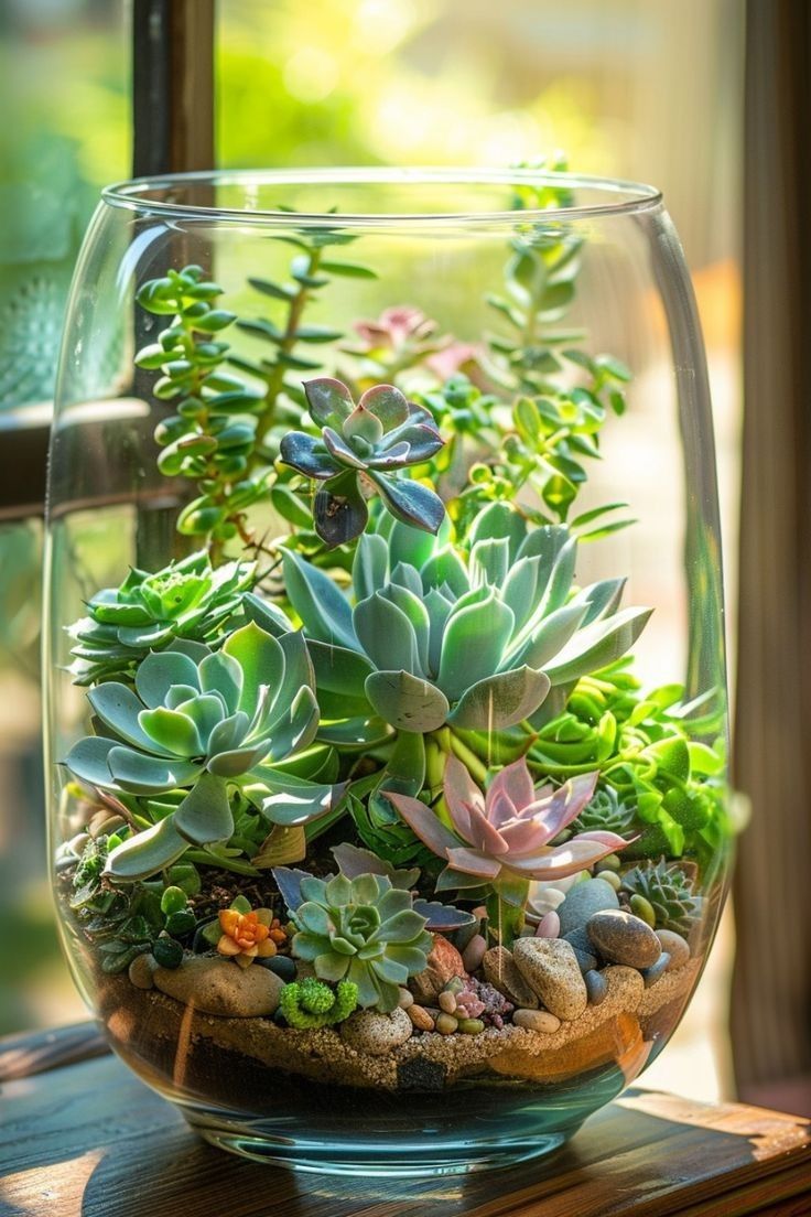 a glass vase filled with plants on top of a wooden table