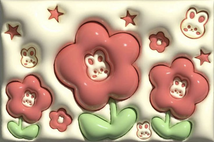 there are some pink flowers and stars on the wall next to each other with skulls in them