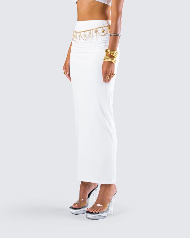 A white maxi skirt is a staple that everyone needs 🙌 With a simple and sleek design, this look is perfect for dressing up or down for any occasion. Made from a slinky jersey fabric, and complete with a mid-rise fit and ruching details 🤍 Elegant Ruched Maxi Bottoms, Elegant Maxi Length Ruched Bottoms, White Elastane Summer Skirt, White Elastane Skirt For Summer, Summer Party Maxi Skirt In Elastane, Fitted Maxi Skirt In Elastane, Fitted Maxi Length Elastane Skirt, Chic White Stretch Maxi Skirt, Maxi Length Elastane Skirt