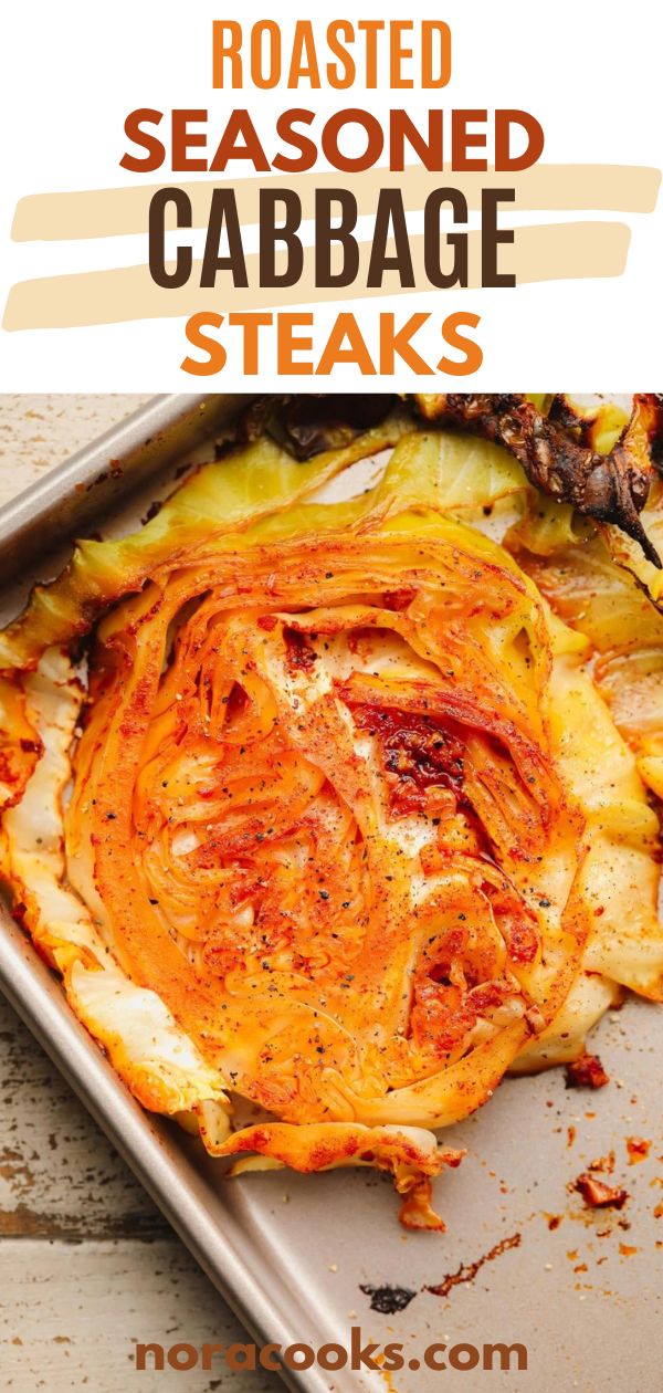 roasted cabbage steaks in a roasting pan with text overlay