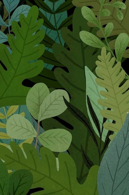 a painting of green leaves and plants on a black background