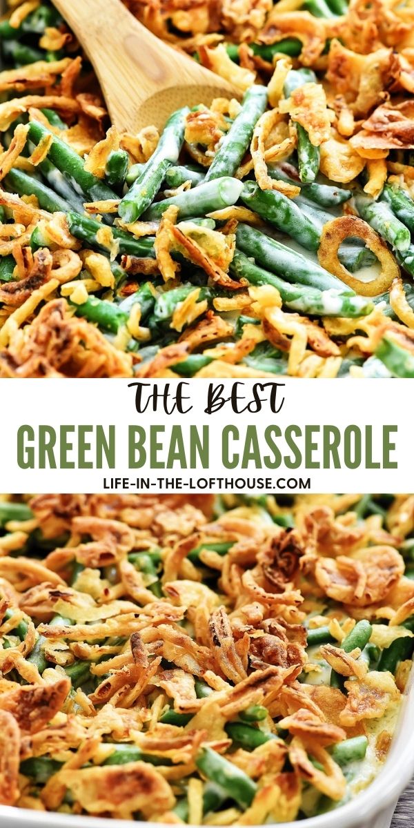 green bean casserole in a white dish with a wooden spoon on the side