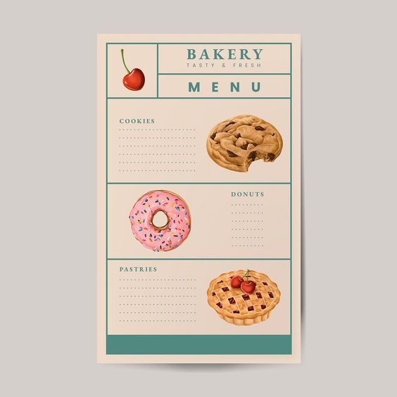 a bakery menu with donuts, cookies, and cherries on it is shown