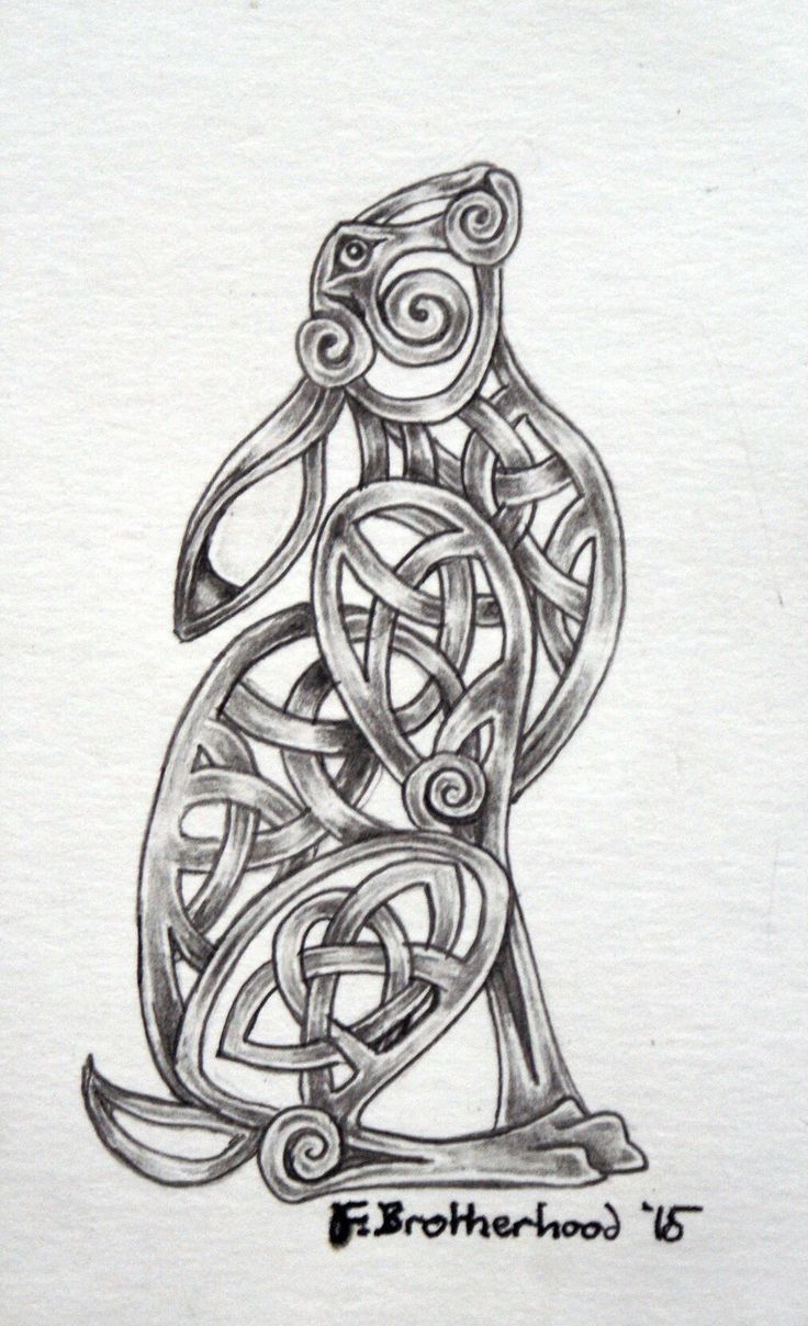 a black and white drawing of a cat with celtic designs on it's back