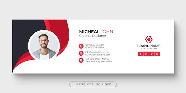 a red and black business card with a man's face in the center, on a white background