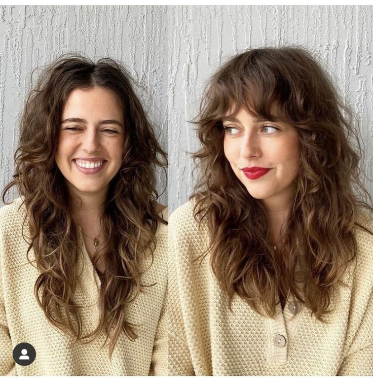 Long Bob Haircut With Layers Curly, Shag Haircut Natural Wavy Hair, Long Layered Wavy Hair With Curtain Bangs, Medium Wavy Shag With Bangs, Fluffy Mid Length Hair, Shag Haircut Before And After, 70’s Shag Haircut, Wavy Hair Cuts With Bangs, Natural Curly Hair With Bangs