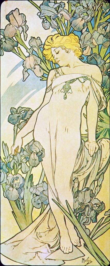 a painting of a woman with flowers in her hair and holding a flower pot on the ground