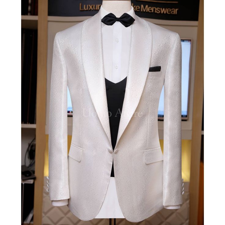 White tuxedo 3 piece suit for wedding withh double breasted Elegant White Single Breasted Three-piece Suit, White Notch Lapel Three-piece Suit For Formal Occasions, Elegant White Three-piece Suit With Notch Lapel, Tailored White Three-piece Tuxedo Suit, Waistcoat Design, Waistcoat Style, White Single-button Tuxedo With Suit Collar, Suit For Wedding, Waistcoat Designs