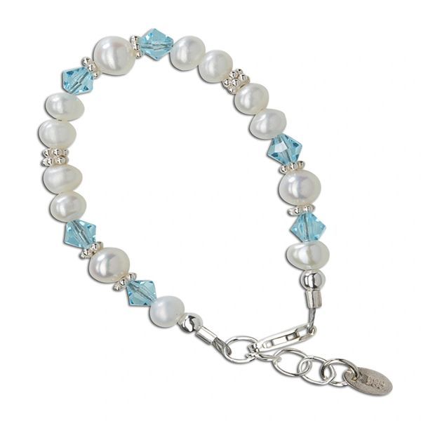 Sterling Silver birthstone bracelet featuring beautiful soft white freshwater pearls and sparkling high-end crystals. This is a beautiful way to celebrate the birth of a new baby or wonderful birthday gifts too! Size Medium (1-5 years) Adjustable Birthstone Bracelets With Round Beads For Birthday, Round Beaded Birthstone Bracelets For Birthday, Round Beads Birthstone Bracelets For Birthday, Pearl Jewelry For Birthday And Mother's Day, Pearl Charm Jewelry For Birthday On Mother's Day, Hypoallergenic Round Bead Bracelets For Birthday, Elegant Birthstone Charm Bracelet For Birthday, Adjustable White Jewelry With Birthstone, Elegant Adjustable Rosary Bracelet For Birthday