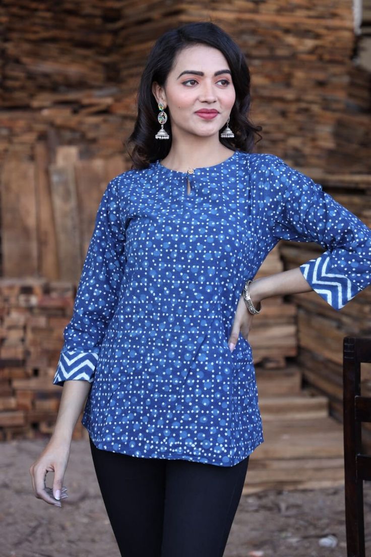 Handblock printed top, cotton, summer collection, officewear, casual wear, fashion, bright colour, comfortable, embroidery. Patterned Cotton Work Shirt, Patterned Cotton Workwear Shirt, Patterned Cotton Shirt For Work, Blue Cotton Kurta With Block Print, Blue Cotton Kurta With Printed Motifs, Multicolor Printed Cotton Tops, Casual Printed Tunic Top, Patterned Cotton Tops With Floral Print, Patterned Floral Print Cotton Tops