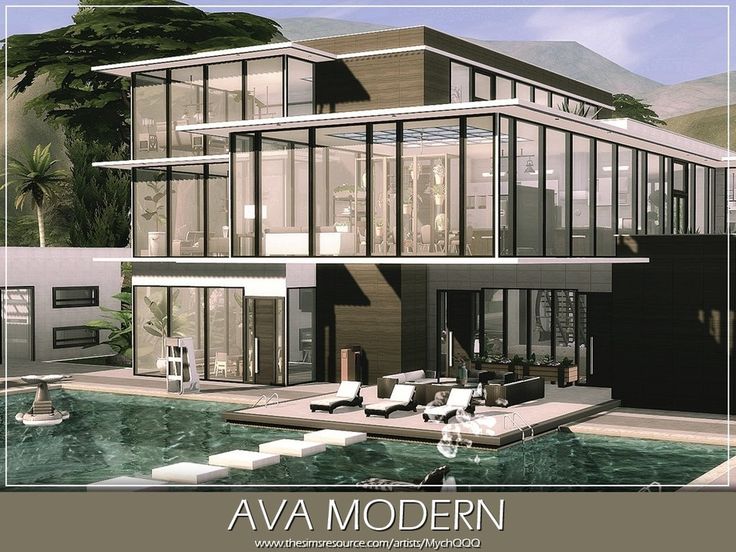 an architectural rendering of a modern house with pool and lounge chairs in the foreground