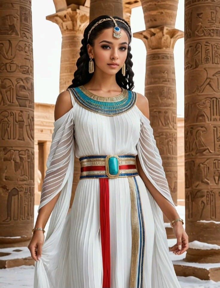 a woman in an egyptian dress standing next to some pillars and looking at the camera