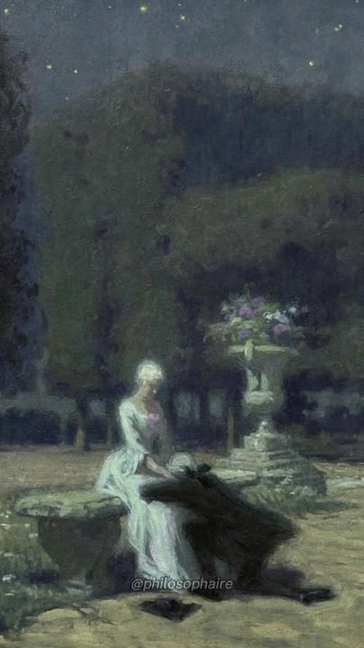 a painting of a woman sitting on a bench in the middle of a park at night