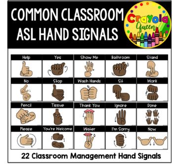 the common classroom asl hand signals poster is shown in black and white with an image of