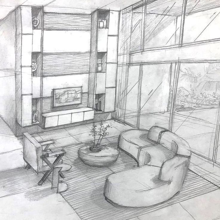 a drawing of a living room with couches and chairs