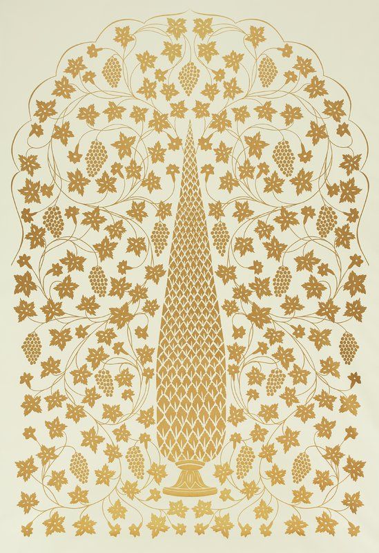 an intricate gold and white paper with the eiffel tower surrounded by leaves on it