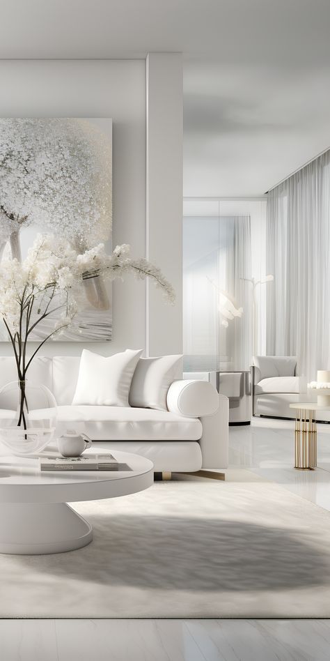 a living room with white furniture and flowers on the table