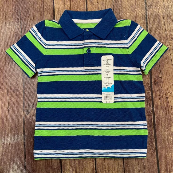 Green, Blue, And White Striped Short Sleeve Polo Shirt. Size 12 Months. Nwt Cute Blue Collared Top, Playful Blue Collared Top, Playful Collared Blue Tops, Blue Short Sleeve Tops For Playtime, Cute Fitted Blue Shirt, Blue Short Sleeve Shirt For Playtime, Cute Blue Collared Shirt, Blue Shirt For Playtime In Spring, Playful Fitted Blue T-shirt