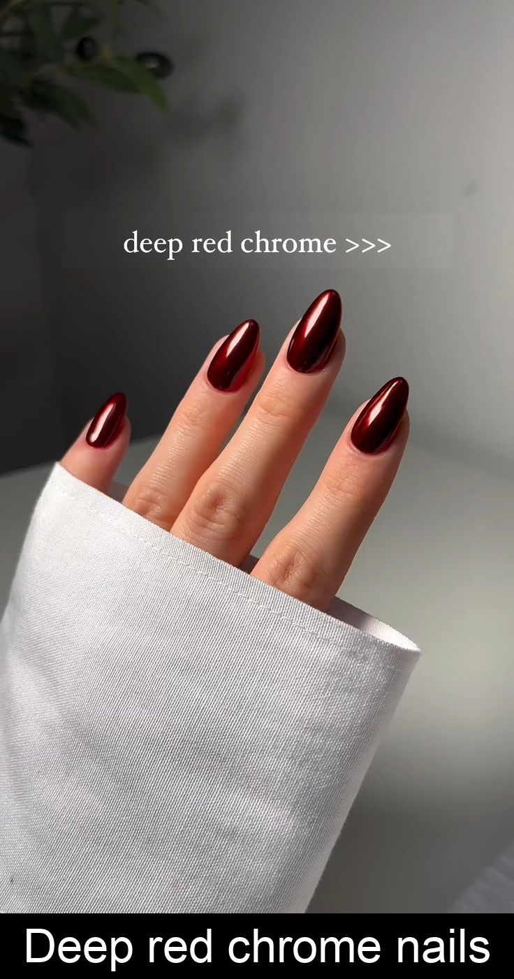 IG:@jessicawhitenailartist Maroon Chrome French Tip Nails, Nail Burgundy And Gold, Deep Red Nails With Chrome, Holiday Birthday Nails, Wine Red Nails Chrome, Wine Colored Nails Acrylic, Fall Red Chrome Nails, Dark Red Metallic Nails, Wine Nails Chrome