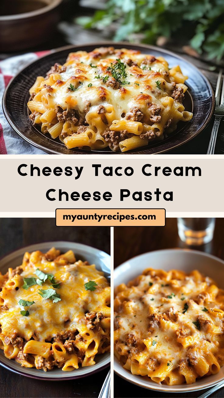 cheesy taco cream cheese pasta with ground beef and parsley on top