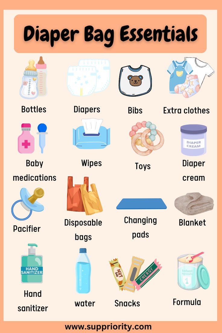 a poster with the words diaper bag essentials in english and spanish on it