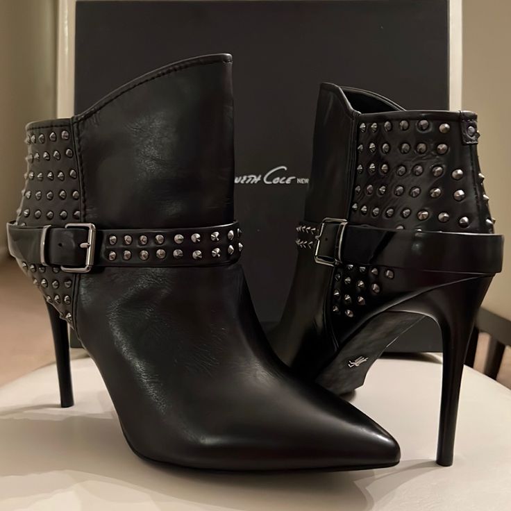 Gorgeous! Pair Of Studded Leather Ankle Booties From Kenneth Cole. - Buckle Strap Goes Around Boot - Pull On Style - Stiletto 4” Heel - Leather Lining - New In Box Elegant High Ankle Heeled Boots With Buckle Closure, Chic High Ankle Heels With Buckle Closure, Chic Heeled Boots With Ankle Strap And 4-inch Heel, Chic Ankle Strap Heeled Boots With 4-inch Heel, Party Boots With Ankle Strap Medium Width, Evening Heeled Boots With Ankle Strap, Evening Ankle Strap Heeled Boots, Party Boots With Ankle Strap, Elegant High Ankle Heels With Buckle Closure